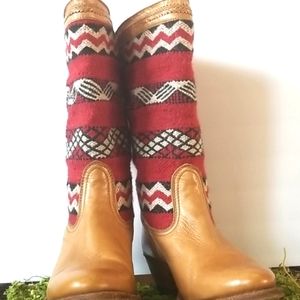 COBRA SOCIETY Navaho  Indian Wool RED Blanket Golden LEATHER Western Boots 7 EUC